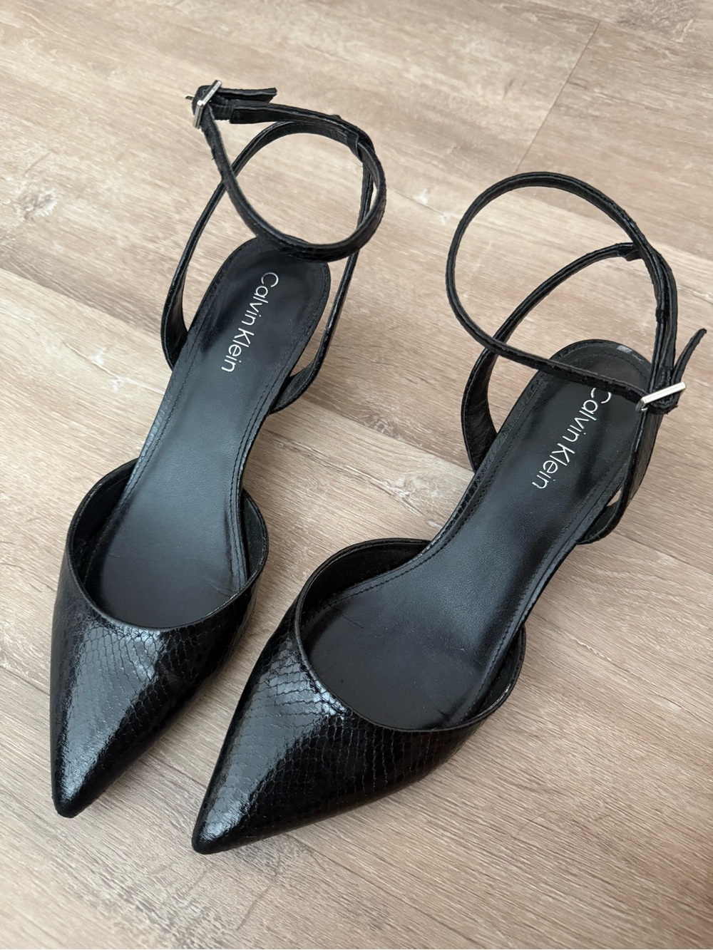 Calvin Klein Black Pointed Toe Ankle-Strap Heels with Snakeskin Texture